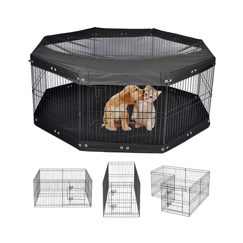 Playpen madra miotail sreinge foldable 8-painéal le clúdach barr agus ceap bun Playpen madra miotail sreinge foldable 8-painéal le clúdach barr agus ceap bun