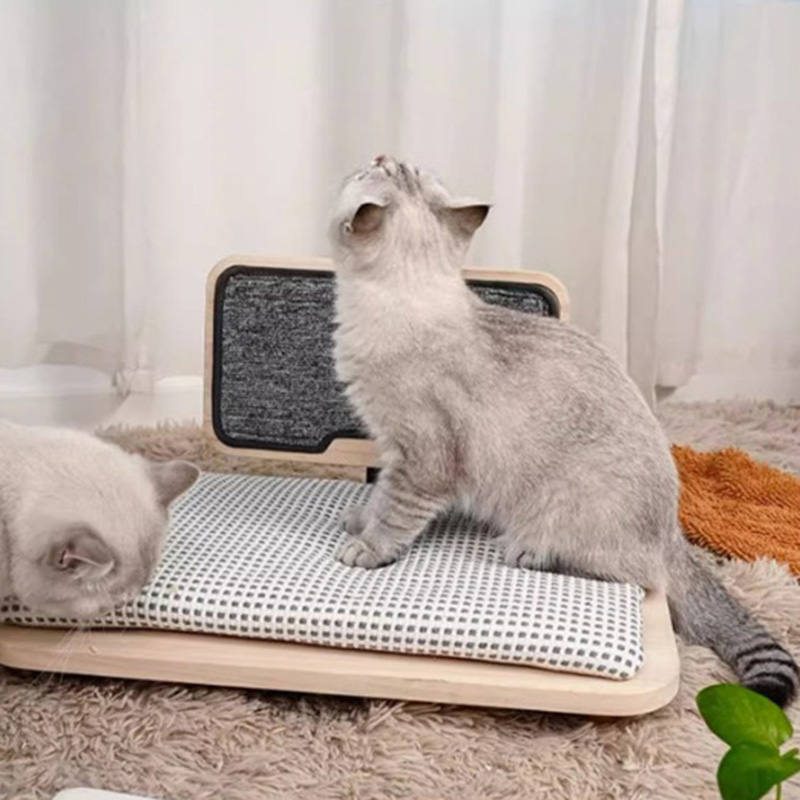 Nead leaba cat cluthar adhmaid soladach le bord scríobtha Nead leaba cat cluthar adhmaid soladach le bord scríobtha