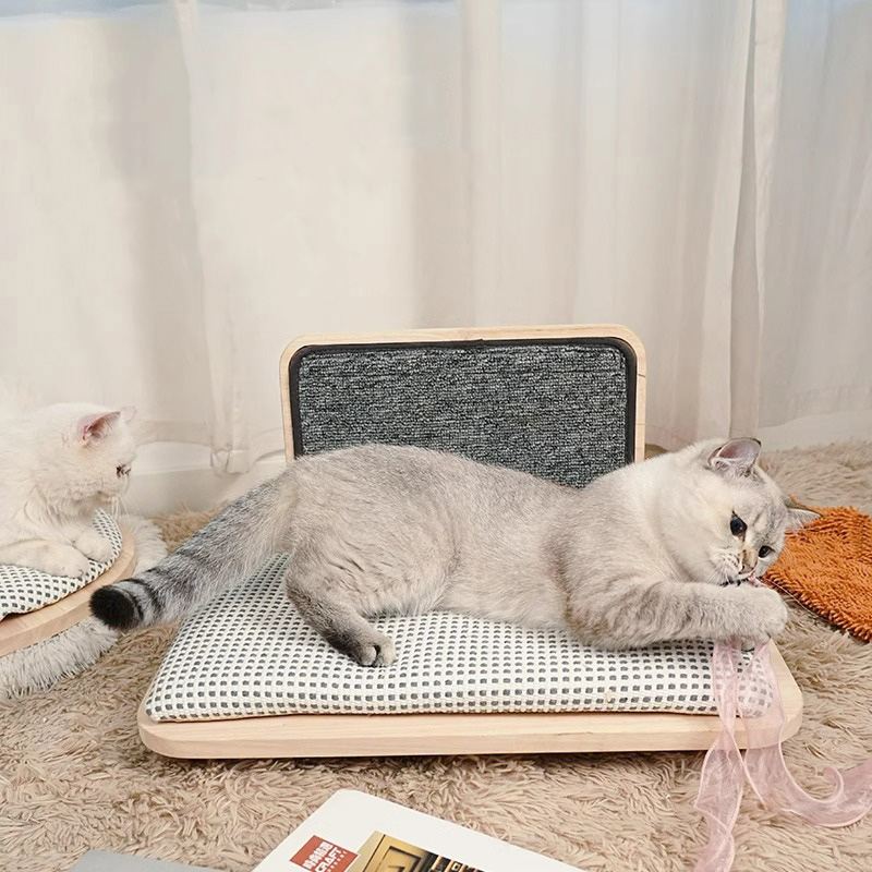 Nead leaba cat cluthar adhmaid soladach le bord scríobtha Nead leaba cat cluthar adhmaid soladach le bord scríobtha