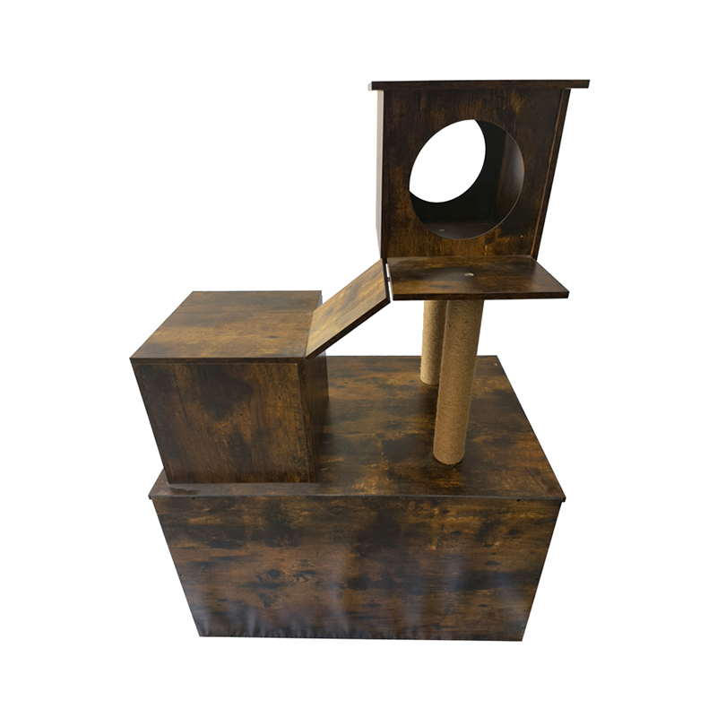 Túr Teach Cat adhmaid Fráma dreapadóireachta crann cat faoi dhíon le bosca bruscair Túr Teach Cat adhmaid Fráma dreapadóireachta crann cat faoi dhíon le bosca bruscair