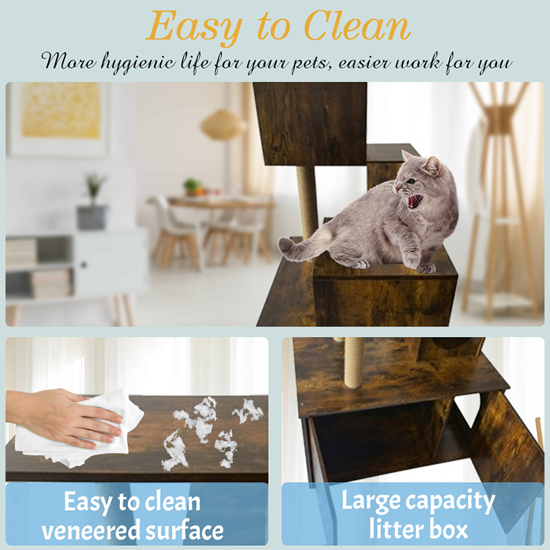 Túr Teach Cat adhmaid Fráma dreapadóireachta crann cat faoi dhíon le bosca bruscair Túr Teach Cat adhmaid Fráma dreapadóireachta crann cat faoi dhíon le bosca bruscair