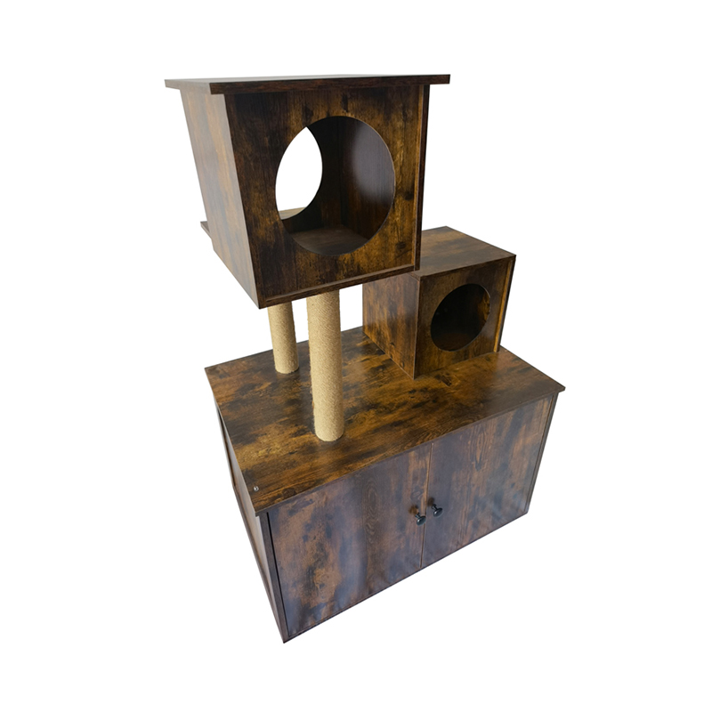 Túr Teach Cat adhmaid Fráma dreapadóireachta crann cat faoi dhíon le bosca bruscair Túr Teach Cat adhmaid Fráma dreapadóireachta crann cat faoi dhíon le bosca bruscair